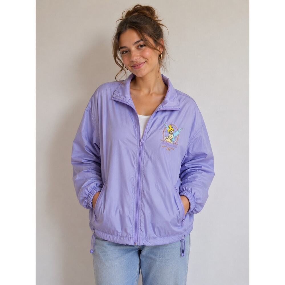 VNTG 90s Walt Disney Tinkerbell Jacket Large Hooded Lavender Full Zip Pockets